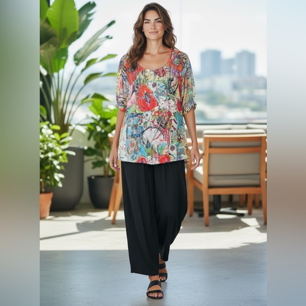 SM 2pc Set Et’Lois Abstract FIONA Blouse 3/4 Sleeve Cotton Wide Leg Black Capri